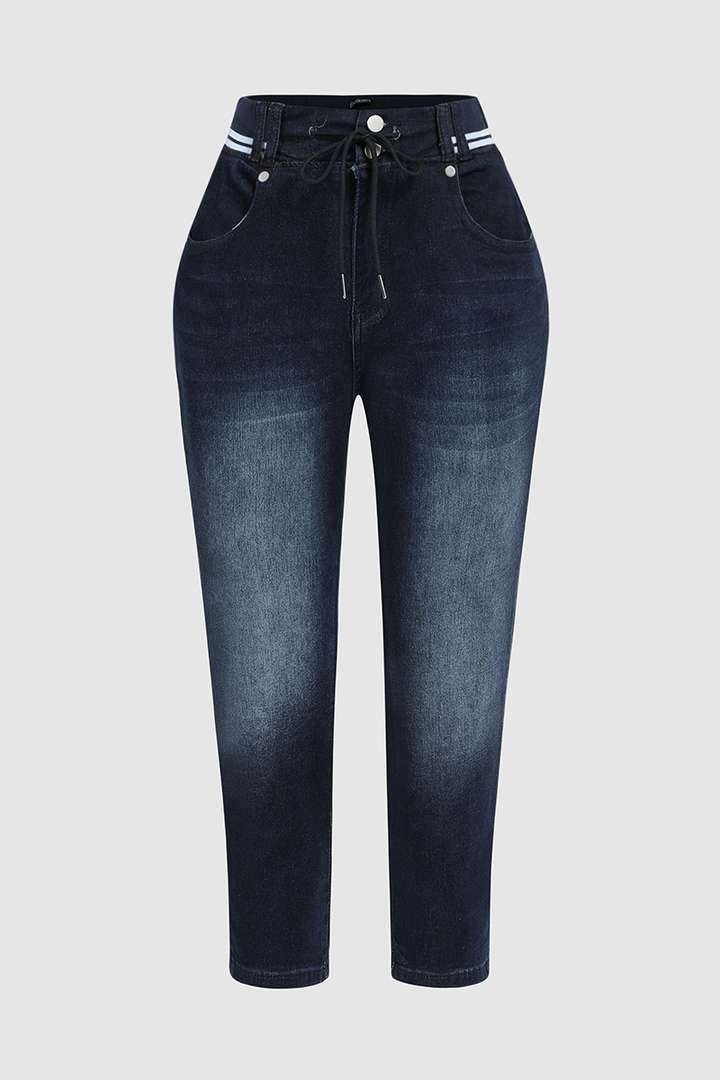 Maria | Capri jeans met contrasterende weving en dubbele knoopkoord en middentaille